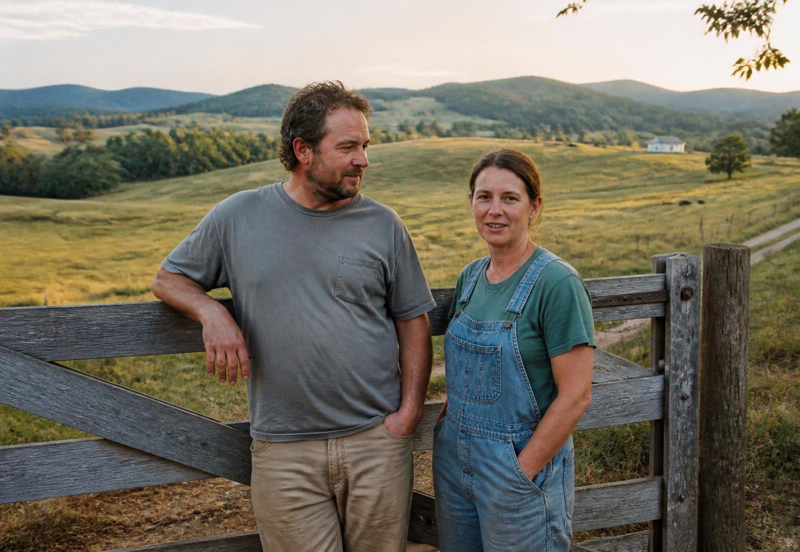 The founders of Virginia Land Solutions at a farm gate in the Virginia Piedmont