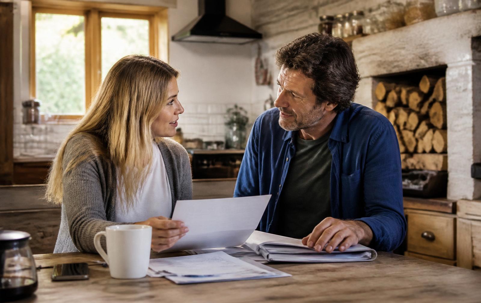 Two people talking across a kitchen table reviewing property paperwork